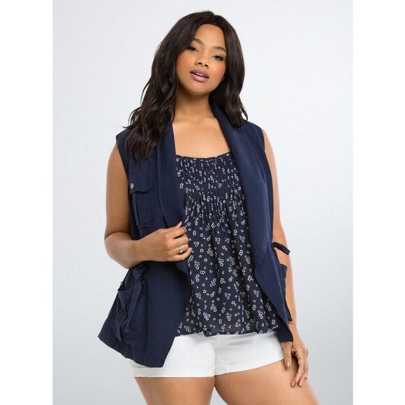 torrid Jackets & Blazers - Torrid Utility Vest Women's L Blue Linen Blend Drape Front Cinch Waist Pockets